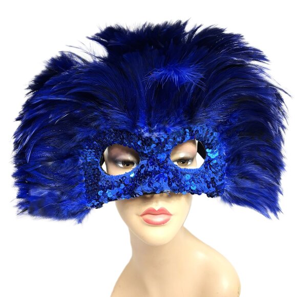 Showgirl Carnival Royal Blue Feather Mask Deluxe Vintage 90’s